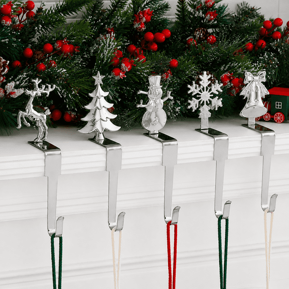 5-Pack Silver Metal Christmas Stocking Holders for Mantle, Non-Slip Stocking Hangers for Fireplace Holiday Decor