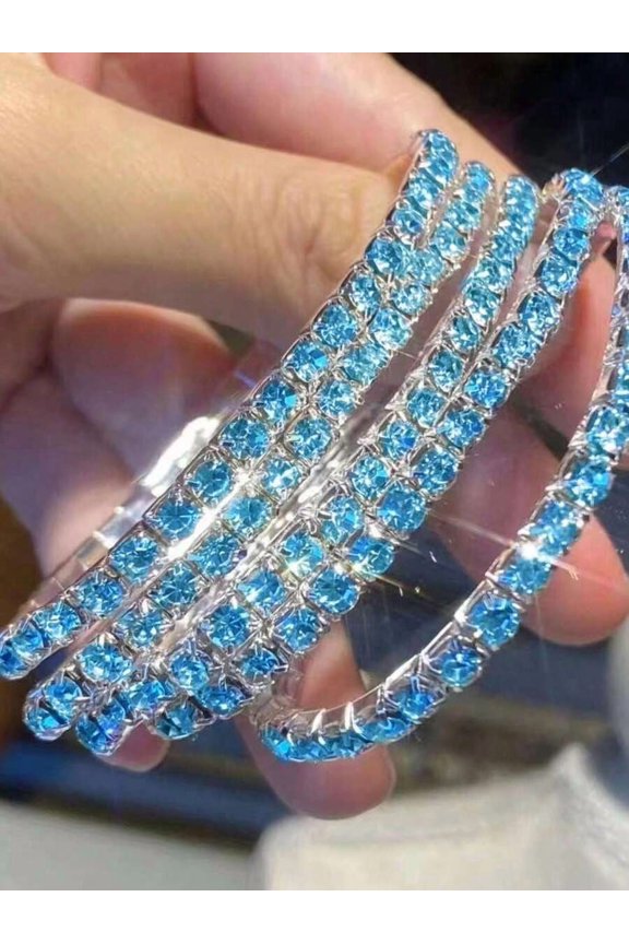 5-Pack Sky Blue Crystal Pave Bangle Bracelets With Silvertone Setting