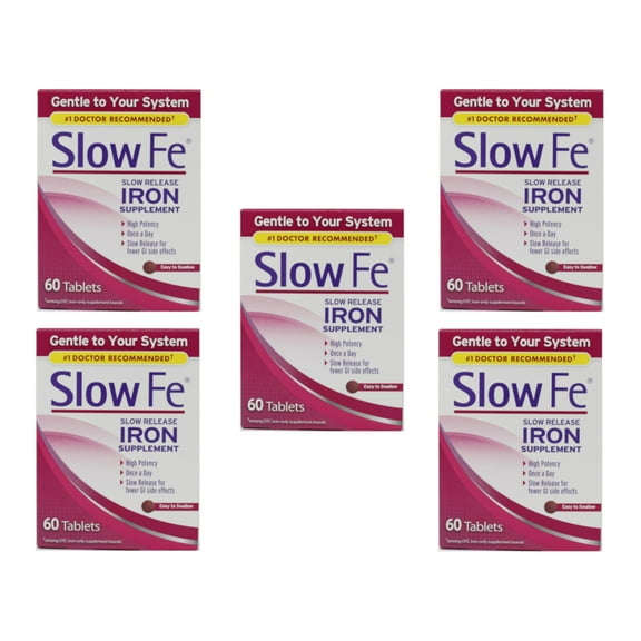 5 Pack Slow FE Slow Release IRON Supplements High Potency Gentle 60 Tablets Each