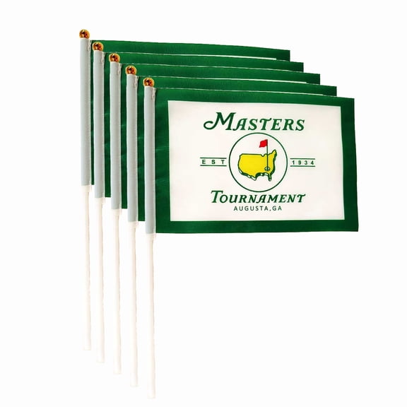 5 Pack Small Masters Tournament Golf Flag on Stick Small golf logo Flags/Mini Golf Flags for Outside 6x8 Inch Golf Hand Held Stick Flags Augusta National Golf Club flag, decorations for April tournam