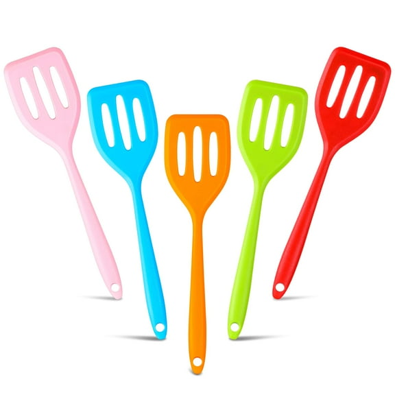 5 Pack Small Silicone Spatula Mini Rubber Turner High Heat Resistant Slotted Egg Fish Spatula Flipper Small Pancake Turner Mini Serving Cooking Kitchen Utensils (Red Blue Green Orange Pink)