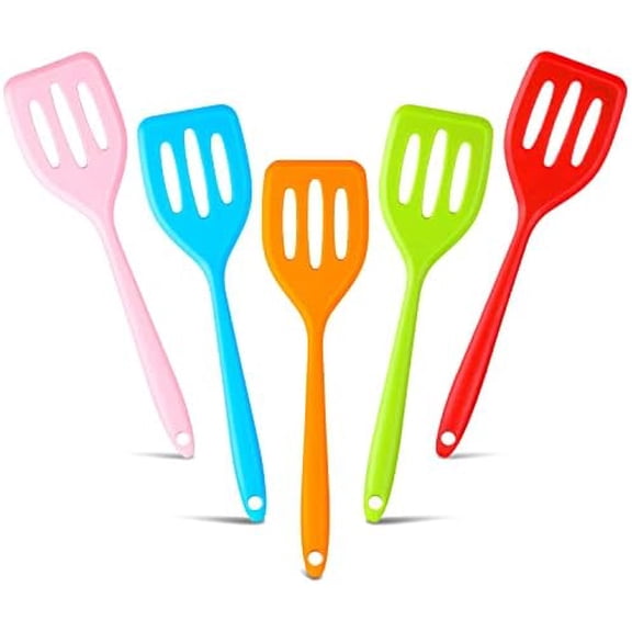 5 Pack Small Silicone Spatula Mini Rubber Turner High Heat Resistant Slotted Egg Fish Spatula Flipper Small Pancake Turner Mini Serving Cooking Kitchen Utensils (Red Blue Green Orange Pink)