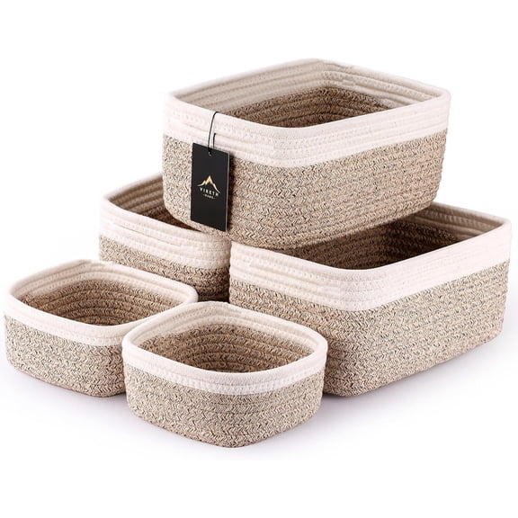 5-Pack Small Woven Rope Storage Baskets 2 Sizes Organizer Bins for Closet, Shelf, Bookshelf, Nursery, Changing Table, Fabric Cube Boxes, Rectangular Shallow Bins for Bathroom, Toy & Home