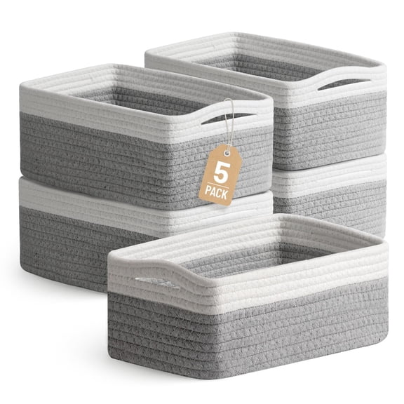 5 Pack Small Woven Storage Baskets for Shelves, Cotton Rope Baskets Organizer for Bathroom, Closet & Nursery, Decorative Storage Bins for Organizing Socks, Toys, 11.8"x7.9"x4.7", Khaki/White