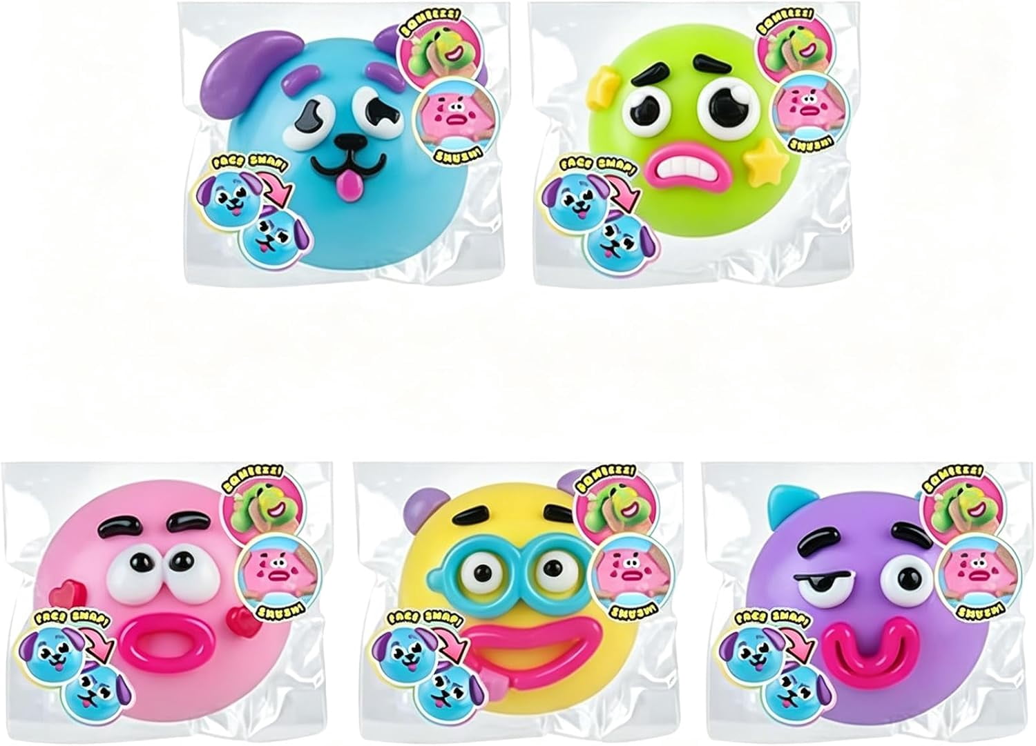 5-Pack Smushers Squishy Face Swap Set | Adult Anxiety Relief Sensory Fidget Toy Bundle