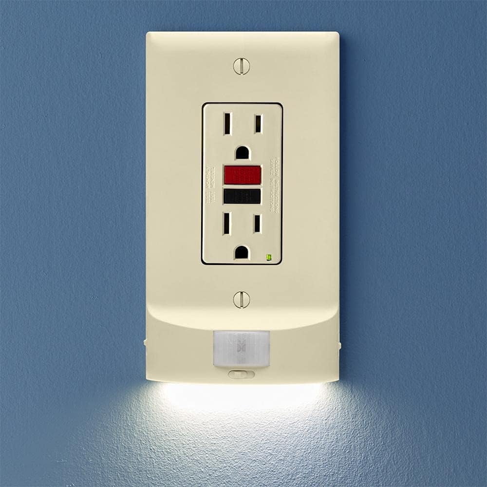 5 Pack, SnapPower MotionLight [FOR GFCI OUTLETS] - Motion Detecting LED Night Lights Built-In to Wall Plate - Bright/Dim/Off Options - Automatically On/Off Sensor - (Light Almond, GFCI)