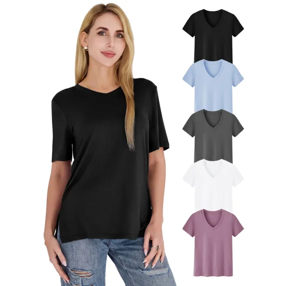 5-Pack Soft V-Neck T-Shirts for Women, Loose Fit Short Sleeve Basic Tees – Cute Casual Tops, Weekend Street Style, Breathable Everyday Shirts