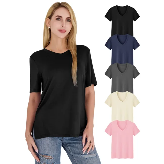 5-Pack Soft V-Neck T-Shirts for Women, Loose Fit Short Sleeve Basic Tees – Cute Casual Tops, Weekend Street Style, Breathable Everyday Shirts