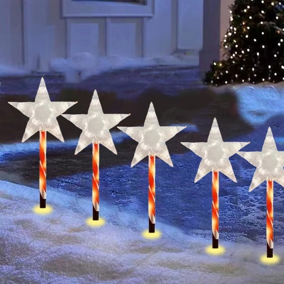 5 Pack Solar Christmas Ground Lights,Pentagram Snowflake Santa LED Stake Lights,Warm White Outdoor Yard Pathway Decor for Holiday Garden Patio Decoration