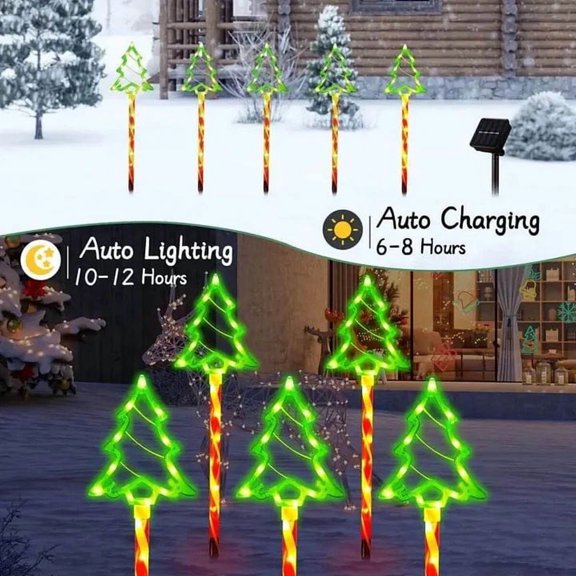 5 Pack Solar Christmas Lights – Outdoor Waterproof Garden Pathway Decorations with 8 Lighting Modes – LED Tree Design for Yard, Walkway, Patio, Holiday Decor