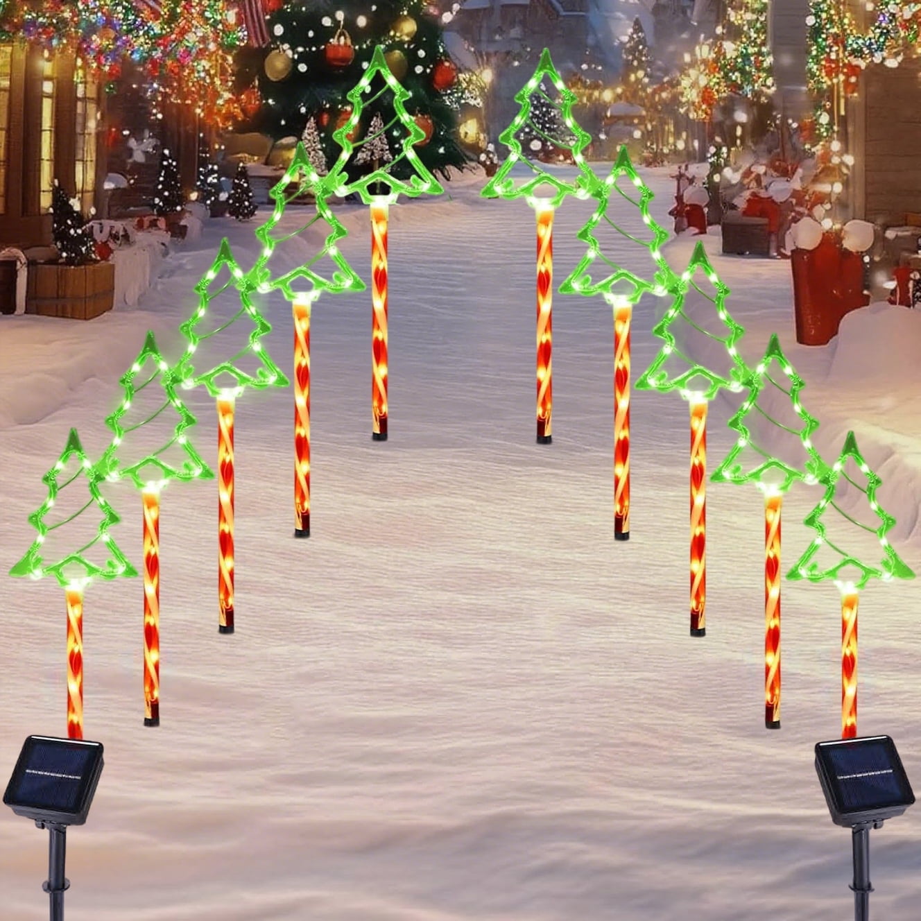 10 Pack Solar Christmas Tree Pathway Lights, 8 Modes, LED Garden Decorative Stake Lights, Waterproof for Outdoor Walkway, Yard, Porch, Holiday Decorations