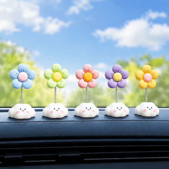 5 Pack Solar Dancing Flower Car Dashboard Decor, Cute Cloud Base Swing Bobble Flower Ornament, Colorful Auto Interior Solar Powered Shaking Flower Decoration