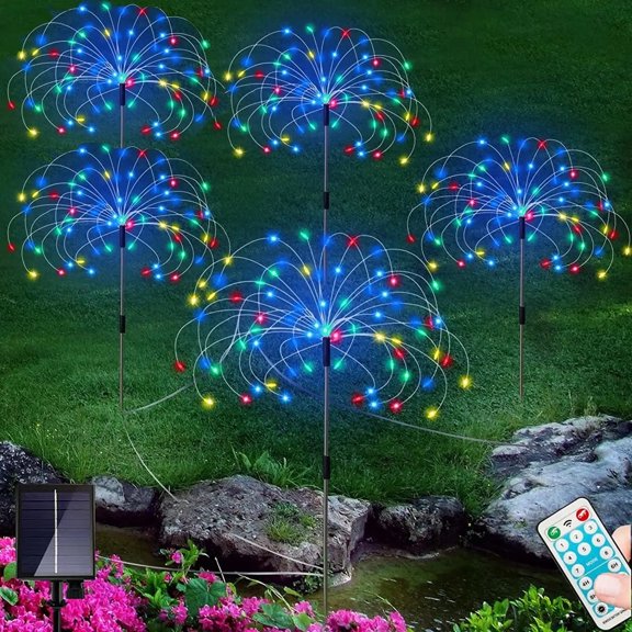 5 Pack Solar Firework Lights Outdoor, 360 LED Waterproof Starburst Stake Lights with Remote Control, 8 Modes DIY Solar Garden Decorative Lights for Pathway, Yard, Patio, Christmas (Multicolor)