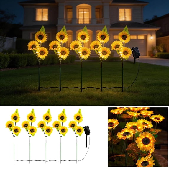 5 Pack Solar Garden Light, Three Head Sunflower Cluster Waterproof Weather Resistant Design, LED Lamp for Patio Yard Walkway Wedding Party Outdoor Decoration