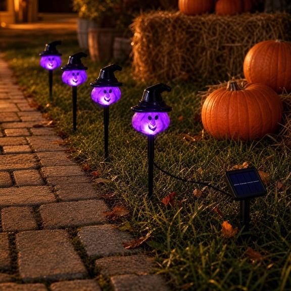 5 Pack Solar Halloween Witch Pumpkin Stake Lights, Waterproof LED Purple Witch Hat Pumpkin Ground Plug Lamp for Yard Lawn Garden Halloween Holiday Path Decor Lighting