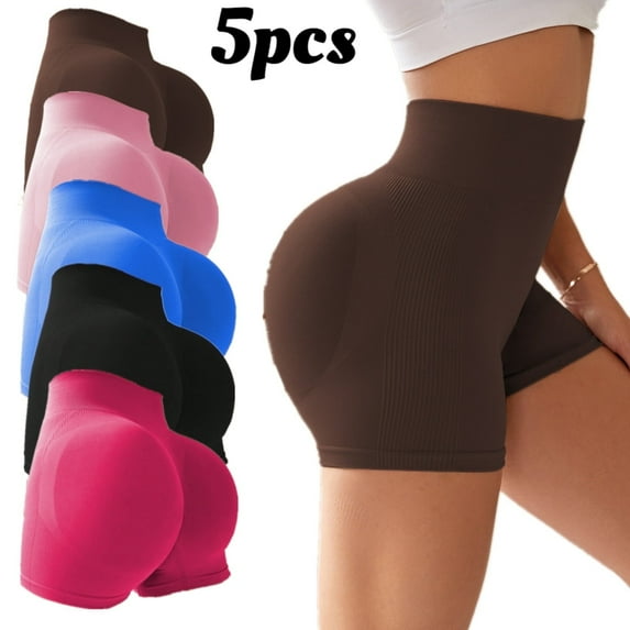 SEZZGU 5-Pack Solid Color High Waist Butt Lifting Athletic Shorts