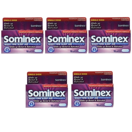 5 Pack Sominex Nighttime Sleep-Aid Maximum Strength 16 Caplets Each