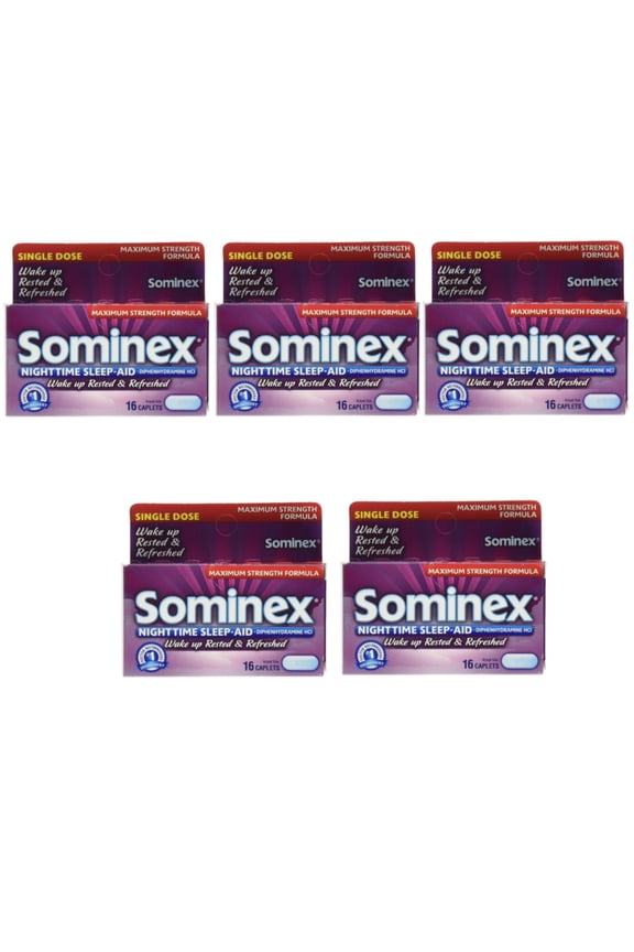 5 Pack Sominex Nighttime Sleep-Aid Maximum Strength 16 Caplets Each