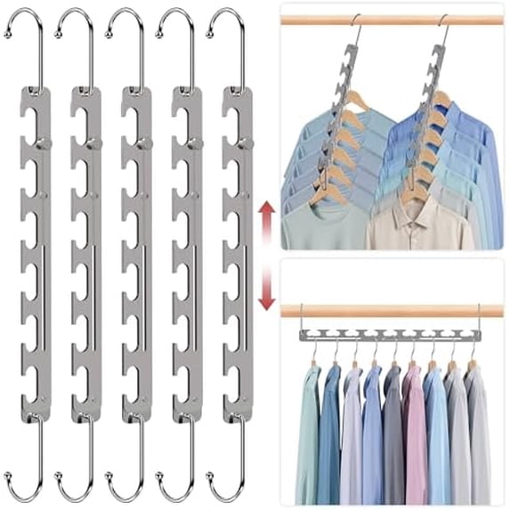 5 Pack Space Saving Hangers for Clothes, 6 to 9 Holes Expandable Metal