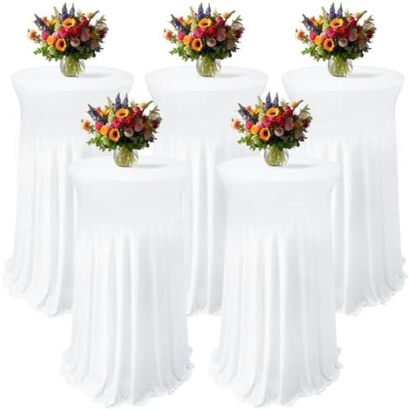 5 Pack Spandex Cocktail Tablecloths with Skirt, 32 x 43 Inch White Round Cocktail Table Covers Stretch Table Cloths for High Top Tables, Bars, Weddings, Parties, Banquets