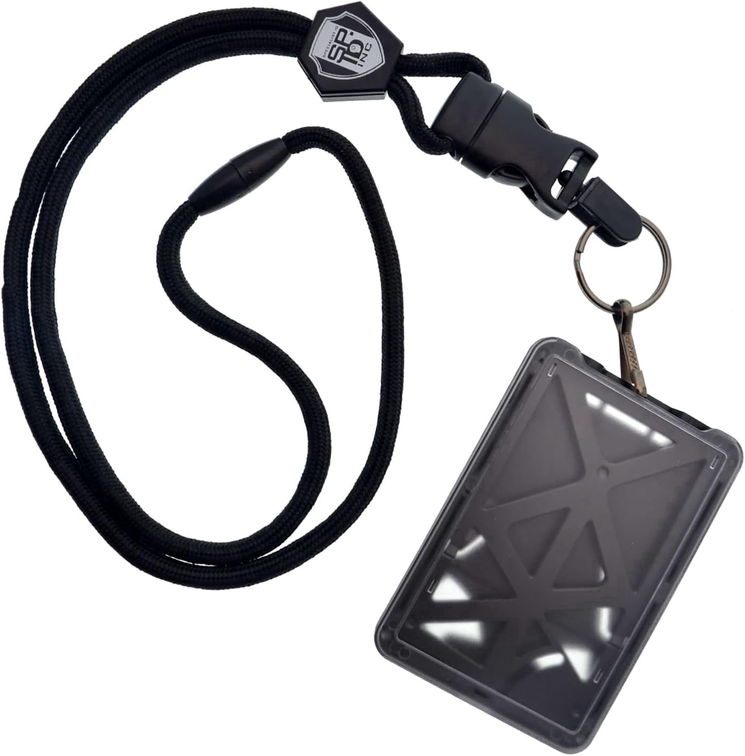 5 Pack - Specialist ID Vertical Top Load Three Card Badge Holder - Hard Plastic with Heavy Duty Breakaway Lanyard w Quick Release Metal Clip & Key Ring - Holds 3 ID Cards Inside (Black)