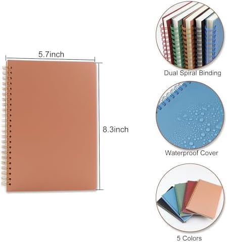 5 Pack Spiral Notebooks 8.3" x 5.7", 80 Sheets College Ruled Notebook with Plastic Waterproof Cover, A5 Lined Journal for Office, School,Home