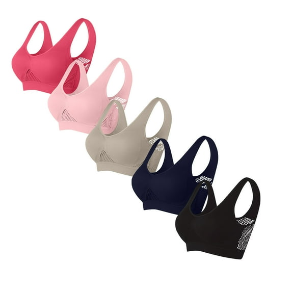 5 Pack Sport Bras Womens High Support Breathable Comfortable Wireless Bra Underwear Plus Size Bra Multipacks (90BC, Khaki)