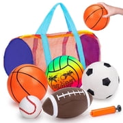 5 Pack Sports Balls Set for Kids with Bag Includes Football Soccer Basketball Baseball Volleyball Fun Indoor Outdoor Toys Sport Soft Bouncy Playground Kickball Hand Pump Toddler 1-3 2-4 3-5 5-7 Gifts