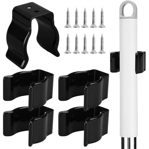 5 Pack Spring Clip Broom Clip with Screws for 1 1/2-1 7/8 Inch Diameter Black Manganese U Shape Steel Clips Holder Bracket for Tools Rakes and Flashlight Pipe Tool Holder Wall Garage Garden