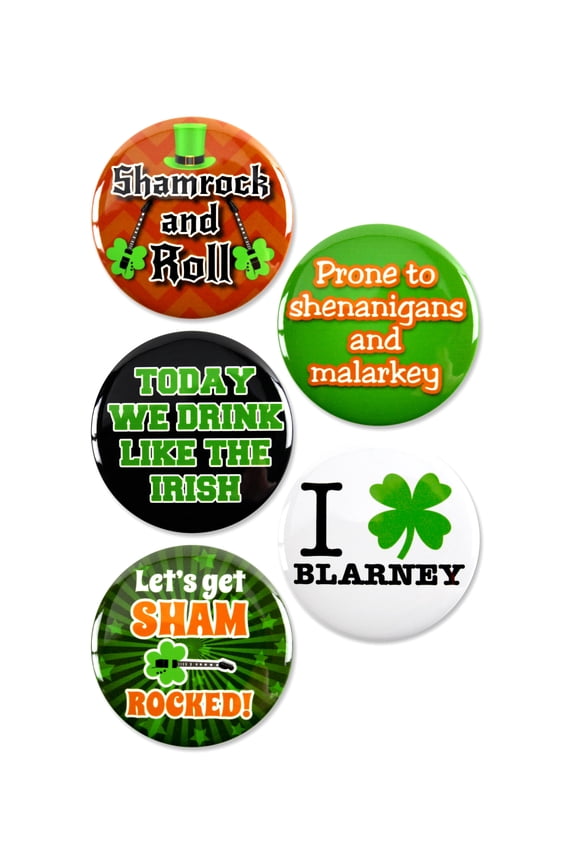 5 Pack - St. Patrick's Day Shamrock Pinback Button Badges - 2.25 Inch Round