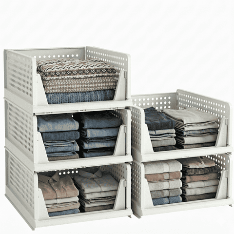 5 Packs Stackable Closet Organizer Bins, 1317 inch Foldable Plastic Storage Baskets, Waterproof Storage Containers for Drawer, Wardrobe, Bathroom, Living Room & Office, Space Saving Design