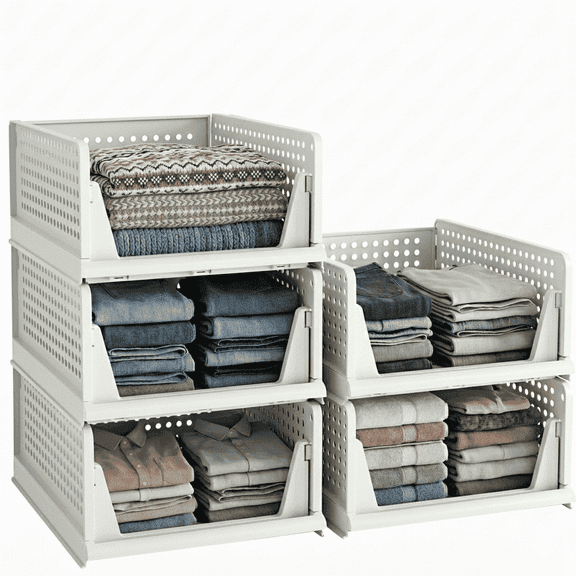 5 Packs Stackable Closet Organizer Bins, 13×17 inch Foldable Plastic Storage Baskets, Waterproof Storage Containers for Drawer, Wardrobe, Bathroom, Living Room & Office, Space Saving Design