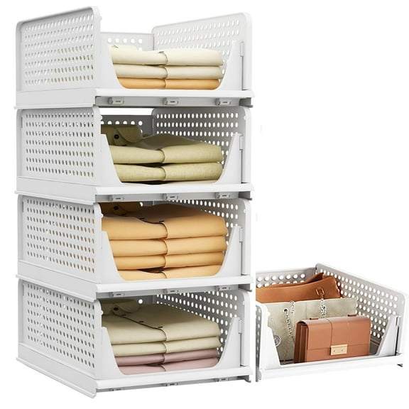 5 Pack Stackable Closet Storage Basket, Multifunctional & Foldable Closet Organizer for Bathroom Kitchen Laundry Room Wardrobe Storage, Space-Saving Clothes Storage Drawer Organizer, White