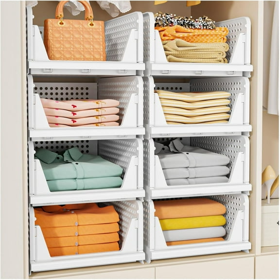 5 Pack Stackable Closet Storage Basket, Multifunctional & Foldable Closet Organizer for Bathroom Kitchen Laundry Room Wardrobe Storage, Space-Saving Clothes Storage Drawer Organizer, White