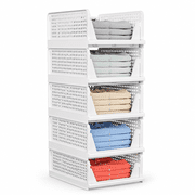 Rirool 5 Pack Stackable Closet Storage Bins, Foldable Pull-Out Storage Drawer Organizer for Wardrobe, Clothes, Hats & Toys, Waterproof Space Saving Baskets, White