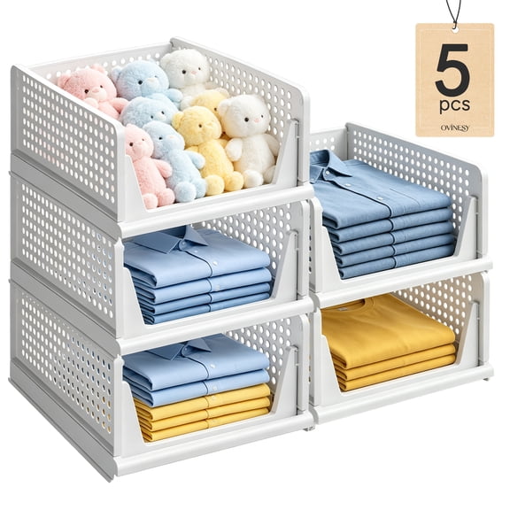 OVINESY Stackable Storage Baskets for Closet Organization, 5 Pack Foldable Closet Organizer Bins, 28QT Large Capacity Storage Bins for Clothes, Ideal for Shelves, Bedroom, Dorm, and Apartment