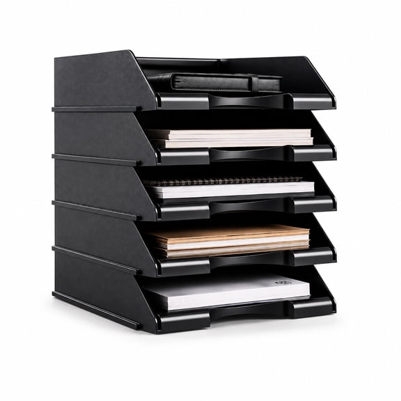 5-Pack Stackable Paper Trays for Desk Organization Space-Saving Letter Size Document Holder, Durable HIPS Vertical File Organizer, Modern Minimalist, Easy Assembly & Removable Black, 5 Floors