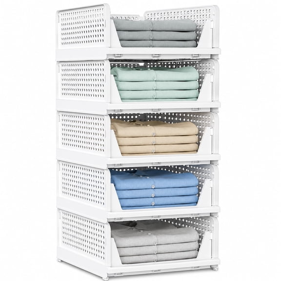 Maspost Stackable Storage Baskets, Collapsible Waterproof Closet Organizer Bins, 5 pack, White