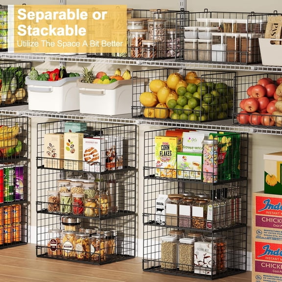 5 Pack Stackable Wire Baskets for Pantry Organizers and Storage, Large Metal Snack Fruit Vegetable Toy Organizer, Foldable Black Iron Mesh Storage Bins