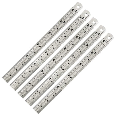 5 Pack Stainless Steel 12" / 30cm Rulers - SAE Inches and Metric Millimeters