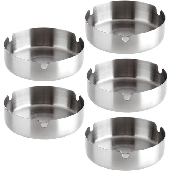 5 Pack Stainless Steel Ashtrays for Cigarettes, Outdoor, Indoor Round Patio Ashtray, 3 Slots Each (4 x 4 x 1.2 In)