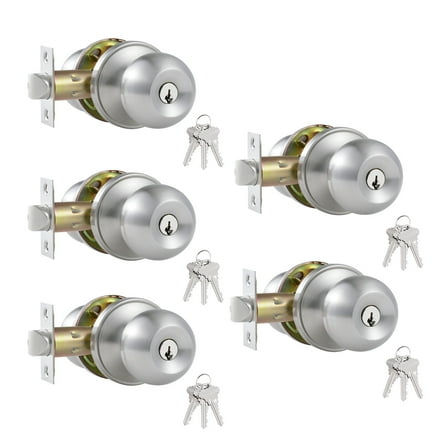 5 Pack Stainless Steel Ball Entry Door Knob,Keyed-Alike Satin Nickel Entrance Door Knob,Interior/Exterior Door Knob with Lock For Bedroom Bathroom,Front Entry Door Knobs with Lock Same Key