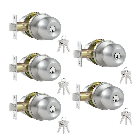 5 Pack Stainless Steel Ball Entry Door Knob,Keyed-Alike Satin Nickel Entrance Door Knob,Interior/Exterior Door Knob with Lock For Bedroom Bathroom,Front Entry Door Knobs with Lock Same Key