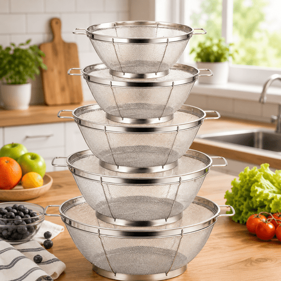 5 Pack Stainless Steel Colander Sieves, Multi Size Mesh Strainer Net Baskets with Handles & Resting Base for Strain, Drain, Rinse or Steam