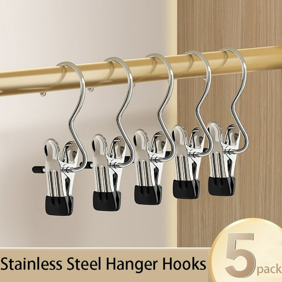 5 Pack Stainless Steel Hanger Hooks for Closet,Stainless Steel Hanging Clip Hooks, Hangers Single Clip for Jeans Boots Hats Towels,Curtain Rings with Clips,Black-5pc
