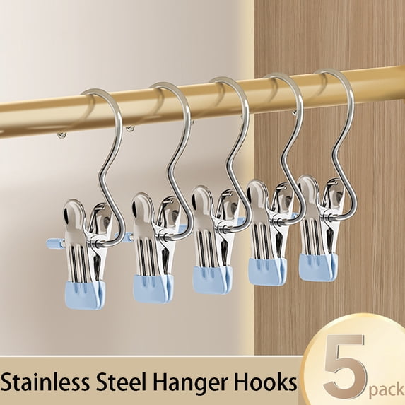 5 Pack Stainless Steel Hanger Hooks for Closet,Stainless Steel Hanging Clip Hooks, Hangers Single Clip for Jeans Boots Hats Towels,Curtain Rings with Clips,Blue-5pc