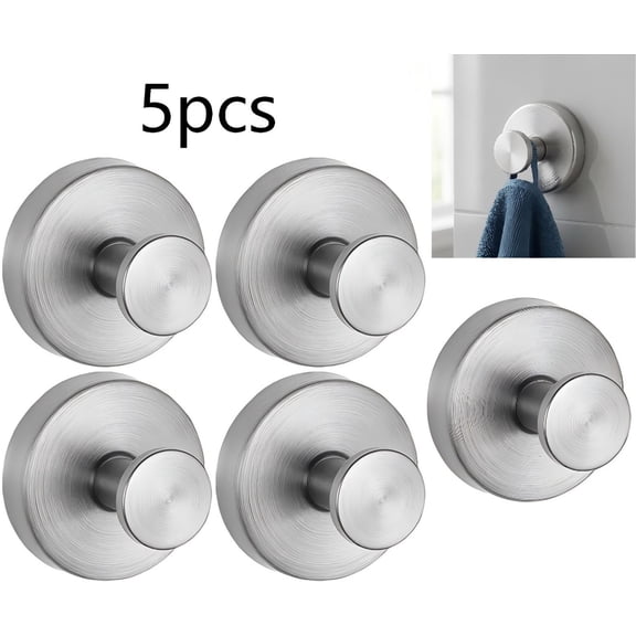 Suction Cup Hooks for Shower - 5 Pack Stainless Steel No Drill Towel Hooks for Bathroom and Doors, Holds 11 lbs Each