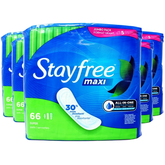 5 Pack - Stayfree Maxi Super Pads Wingless, Absorbs 30% More, Multi-Fluid Absorption, Comfortably Dry for up to 8 Hours, 66 Ct