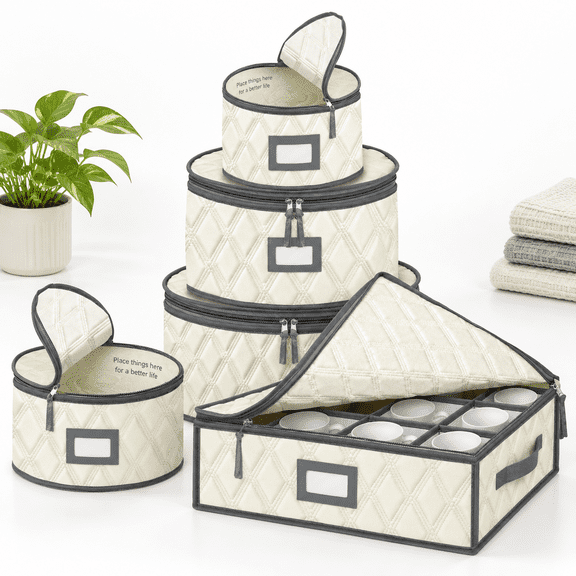 5 Pack Storcontainers Set (beige) - Sturdy Quilted Wine Gl& Dish With Dividerspact Size