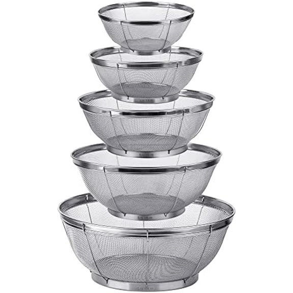 5 Pack Strainers for Kitchen, 18/8 Stainless Steel Colander, Fine Mesh Strainer for Pasta, Rice and Fruit, Sieve for Strain, Drain, Rinse or Steam, Multi Size Sifter$$
